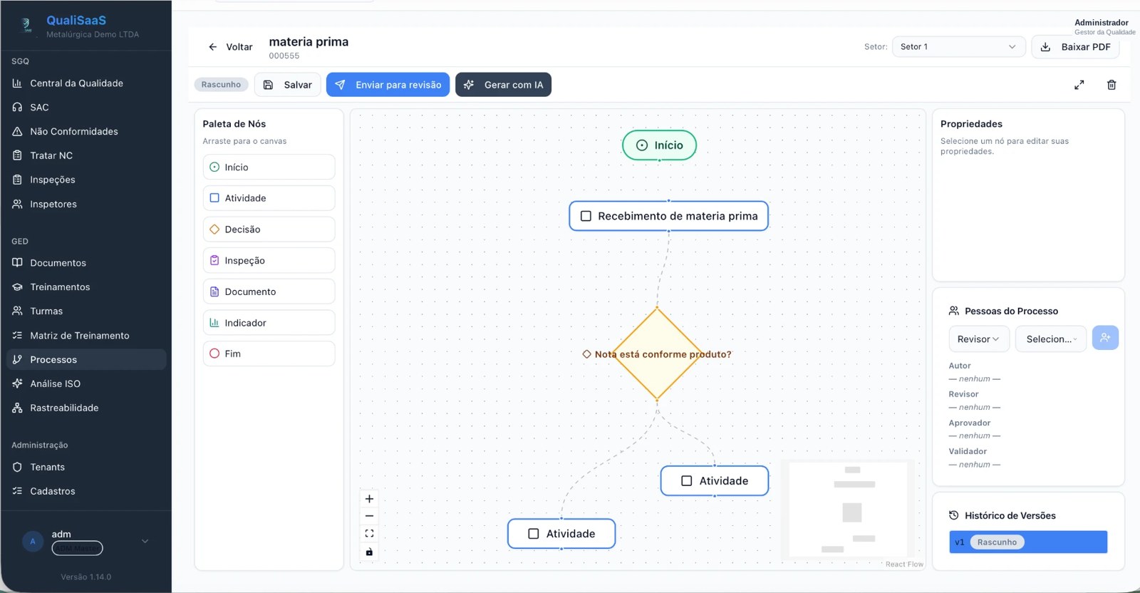 Editor de processos do QualiSaaS com fluxograma visual que integra processos, documentos e treinamentos em um único sistema